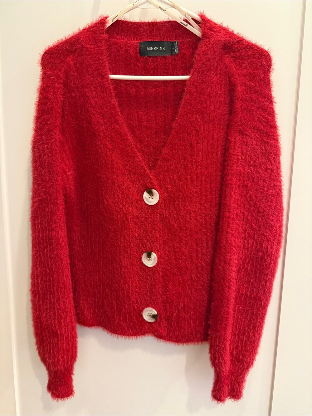 MINKPINK Bright Red Fuzzy V-Neck Button Cardigan